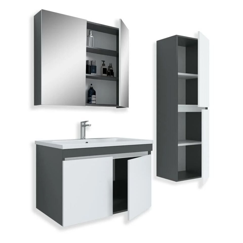 Teta Home Tokyo 65 Cm Mdf Banyo Dolabı Seti + Boy Dolabı Antrasit-Beyaz