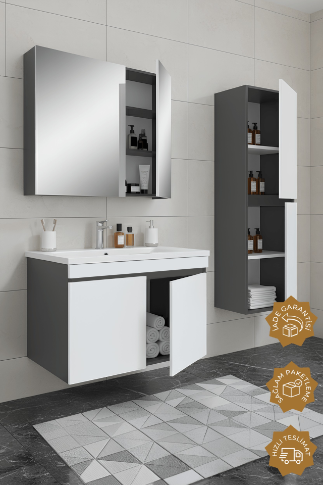 Teta Home Tokyo 65 Cm Mdf Banyo Dolabı Seti + Boy Dolabı Antrasit-Beyaz