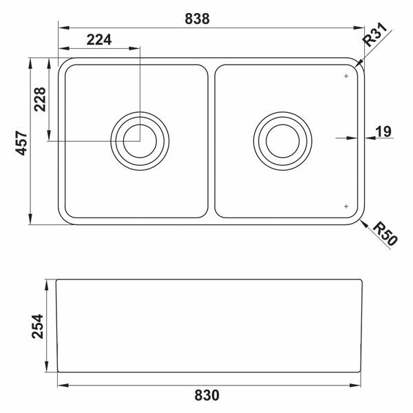 Hafele Norah Seramik Eviye 838x457mm, Parlak Beyaz (Sifonsuz)