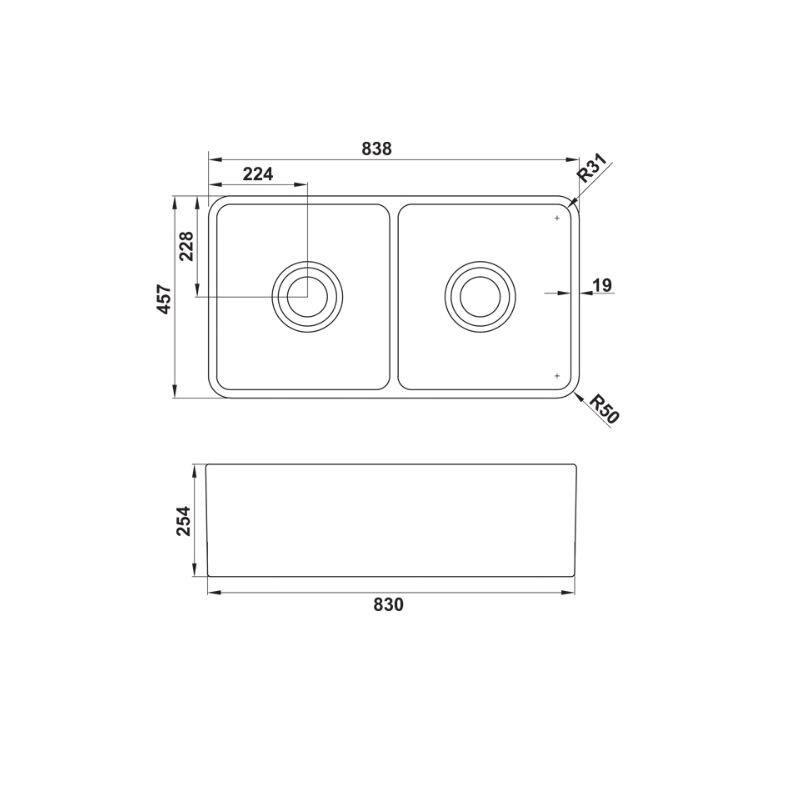 Hafele Norah Seramik Eviye 838x457mm, Parlak Beyaz (Sifonlu)