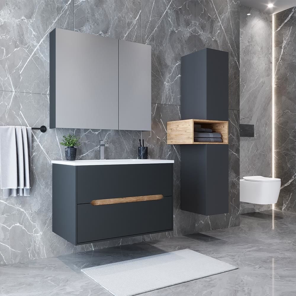 Teta Home Madrid 65 cm MDF Banyo Dolabı Seti ve Boy Dolabı Antrasit-Atlantik Çam