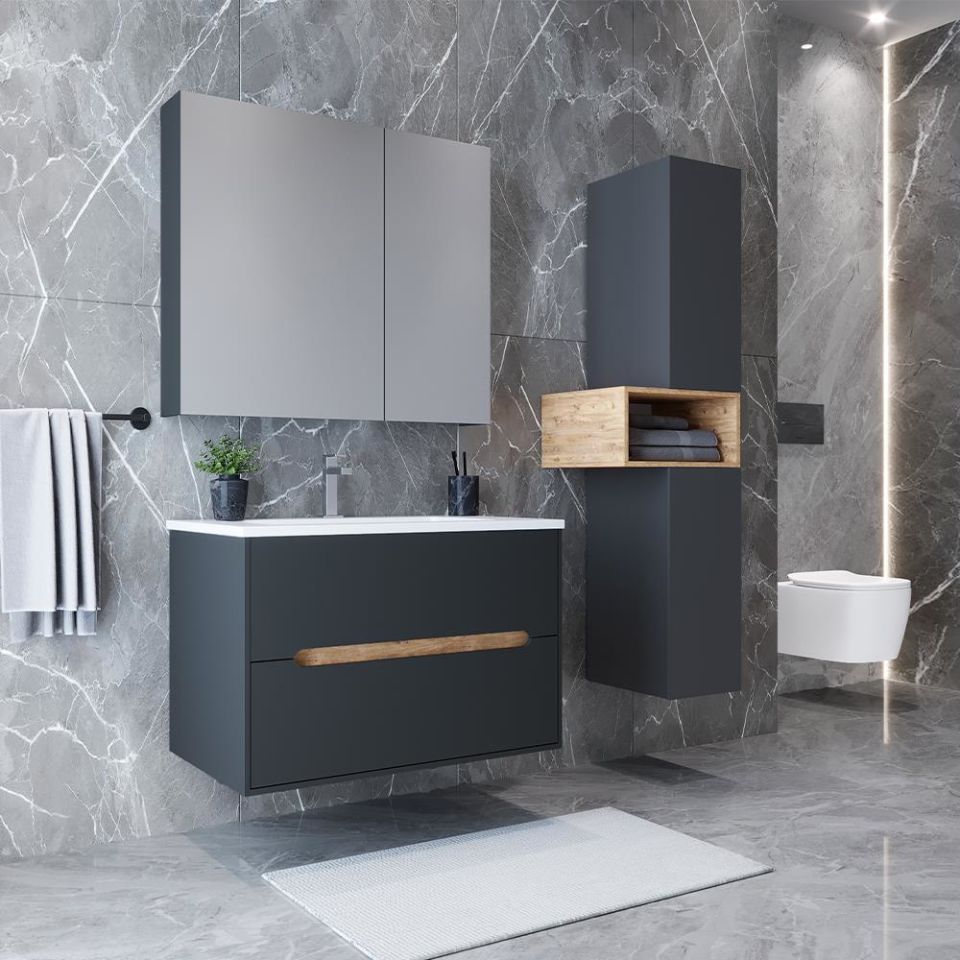 Teta Home Madrid 65 cm MDF Banyo Dolabı Seti ve Boy Dolabı Antrasit-Atlantik Çam