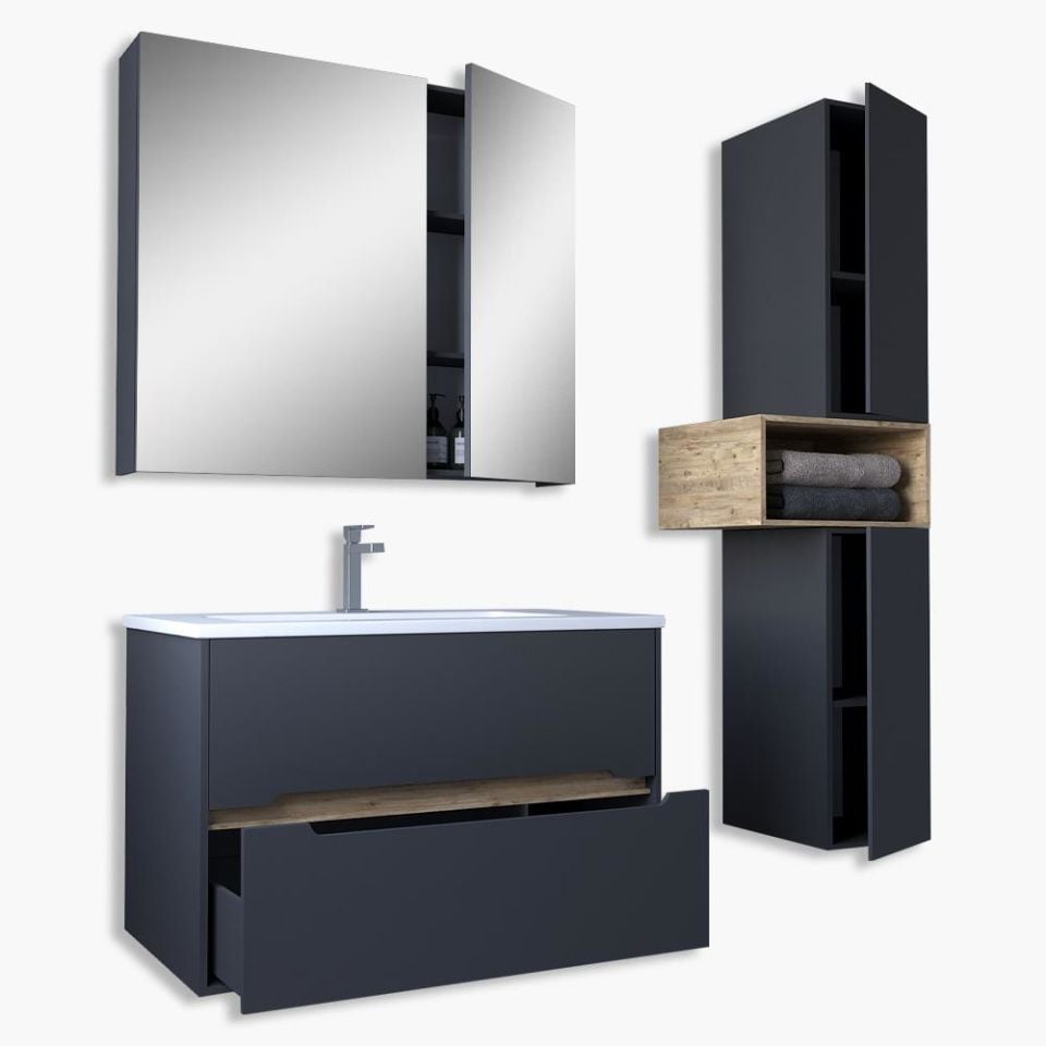 Teta Home Madrid 65 cm MDF Banyo Dolabı Seti ve Boy Dolabı Antrasit-Atlantik Çam