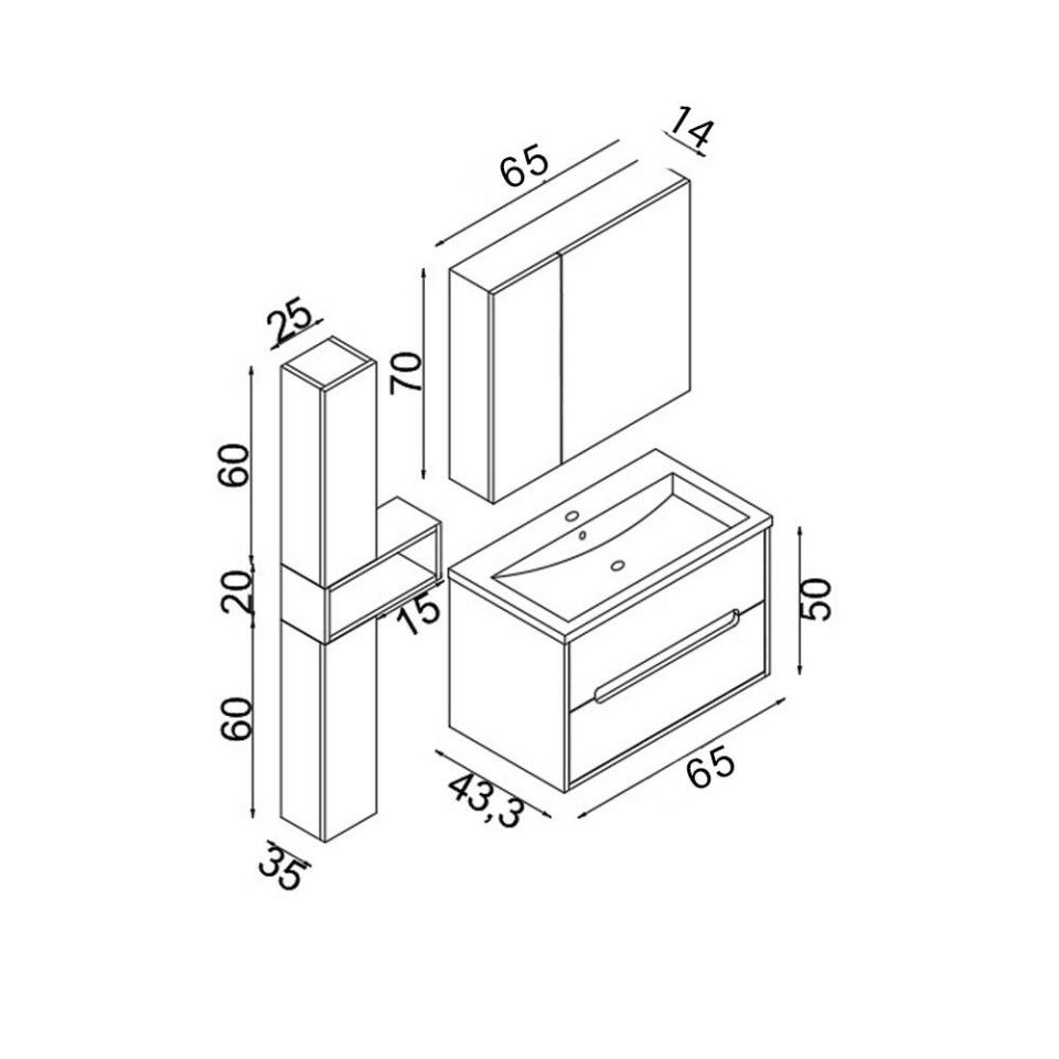 Teta Home Madrid 65 cm MDF Banyo Dolabı Seti ve Boy Dolabı Antrasit-Atlantik Çam