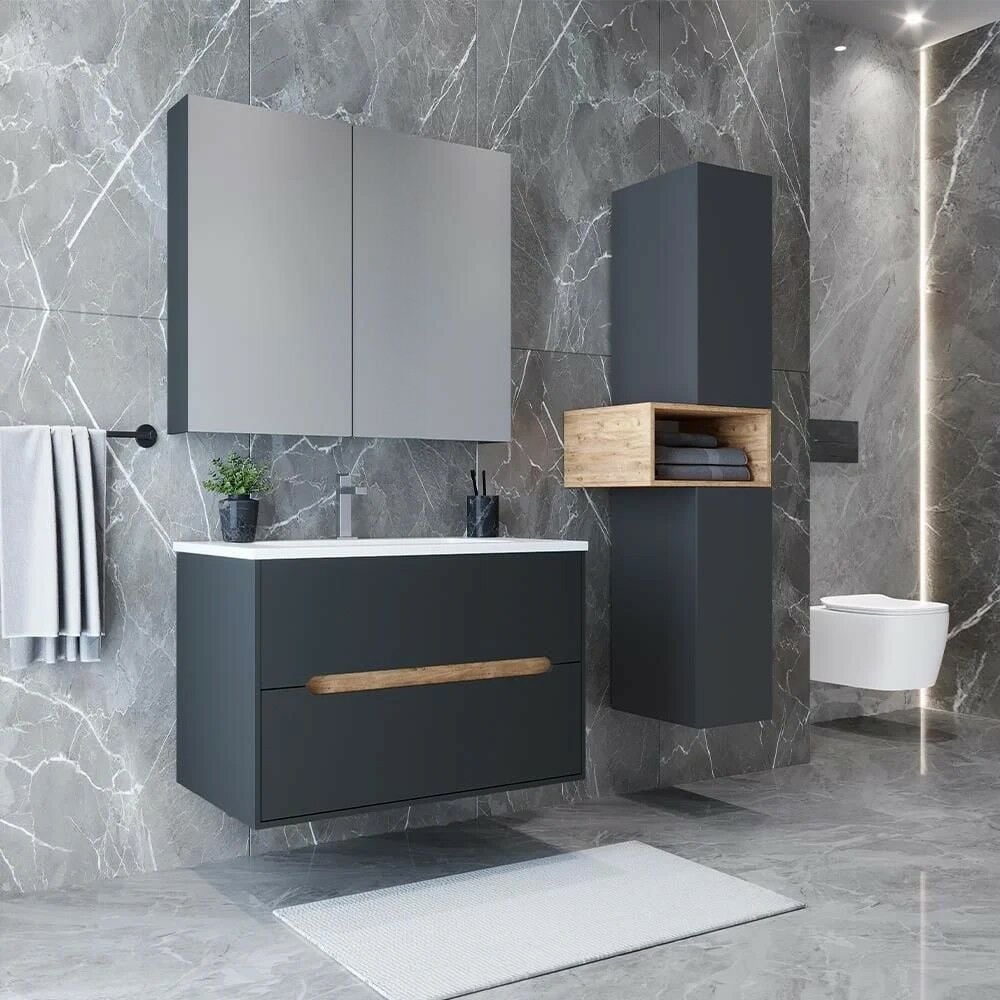 Teta Home Madrid 65 cm MDF Banyo Dolabı Seti ve Boy Dolabı Antrasit-Atlantik Çam