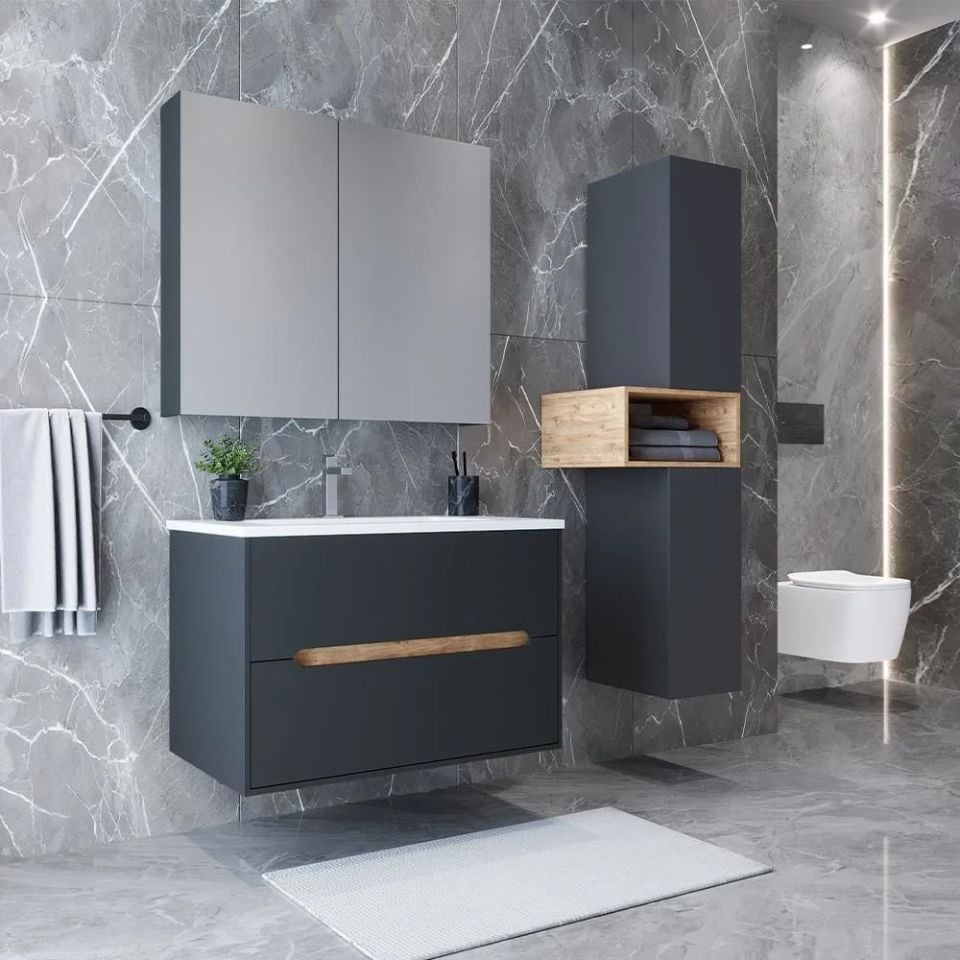 Teta Home Madrid 65 cm MDF Banyo Dolabı Seti ve Boy Dolabı Antrasit-Atlantik Çam