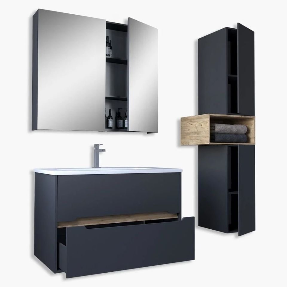 Teta Home Madrid 65 cm MDF Banyo Dolabı Seti ve Boy Dolabı Antrasit-Atlantik Çam