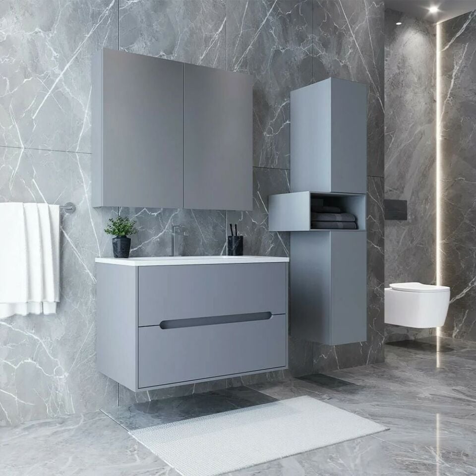 Teta Home Madrid 65 cm MDF Banyo Dolabı Seti ve Boy Dolabı Sis gri