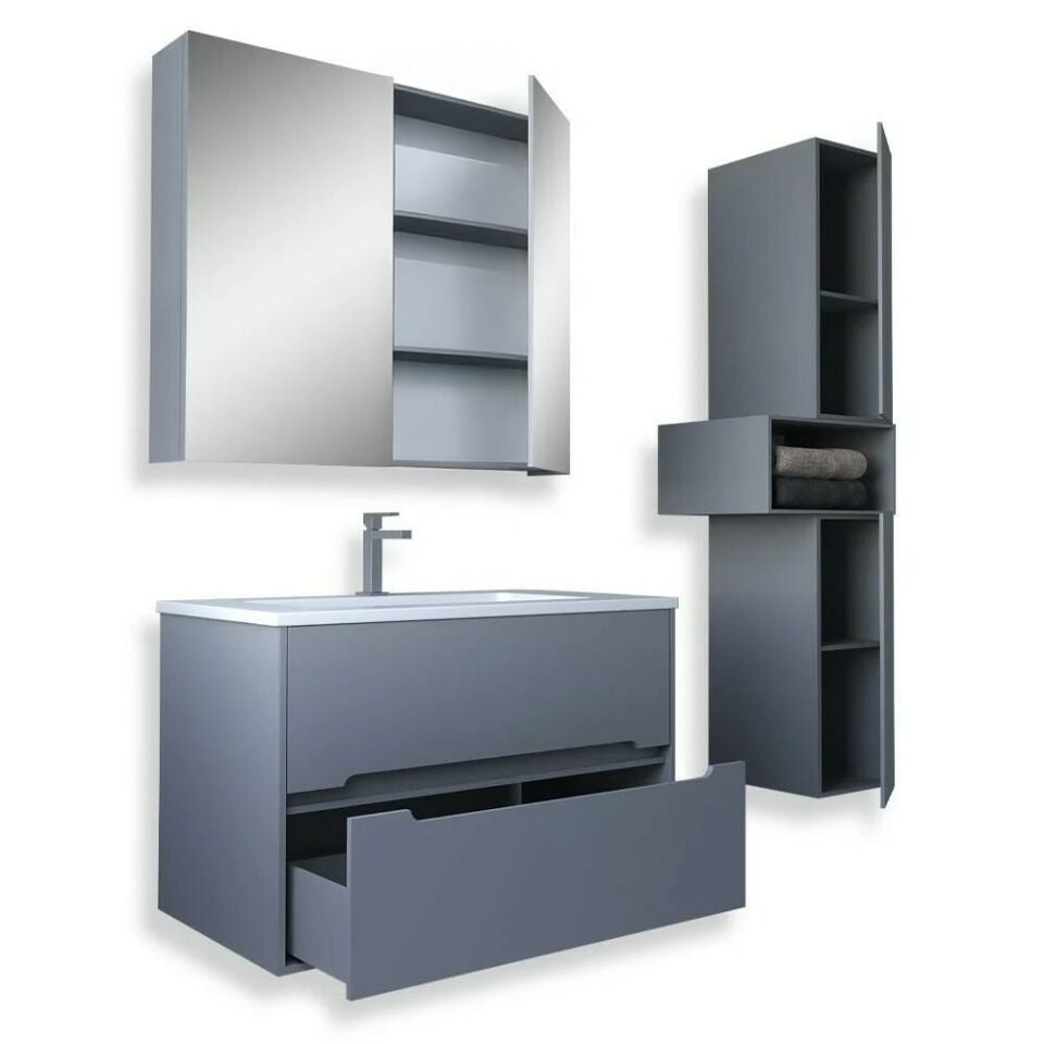 Teta Home Madrid 65 cm MDF Banyo Dolabı Seti ve Boy Dolabı Sis gri