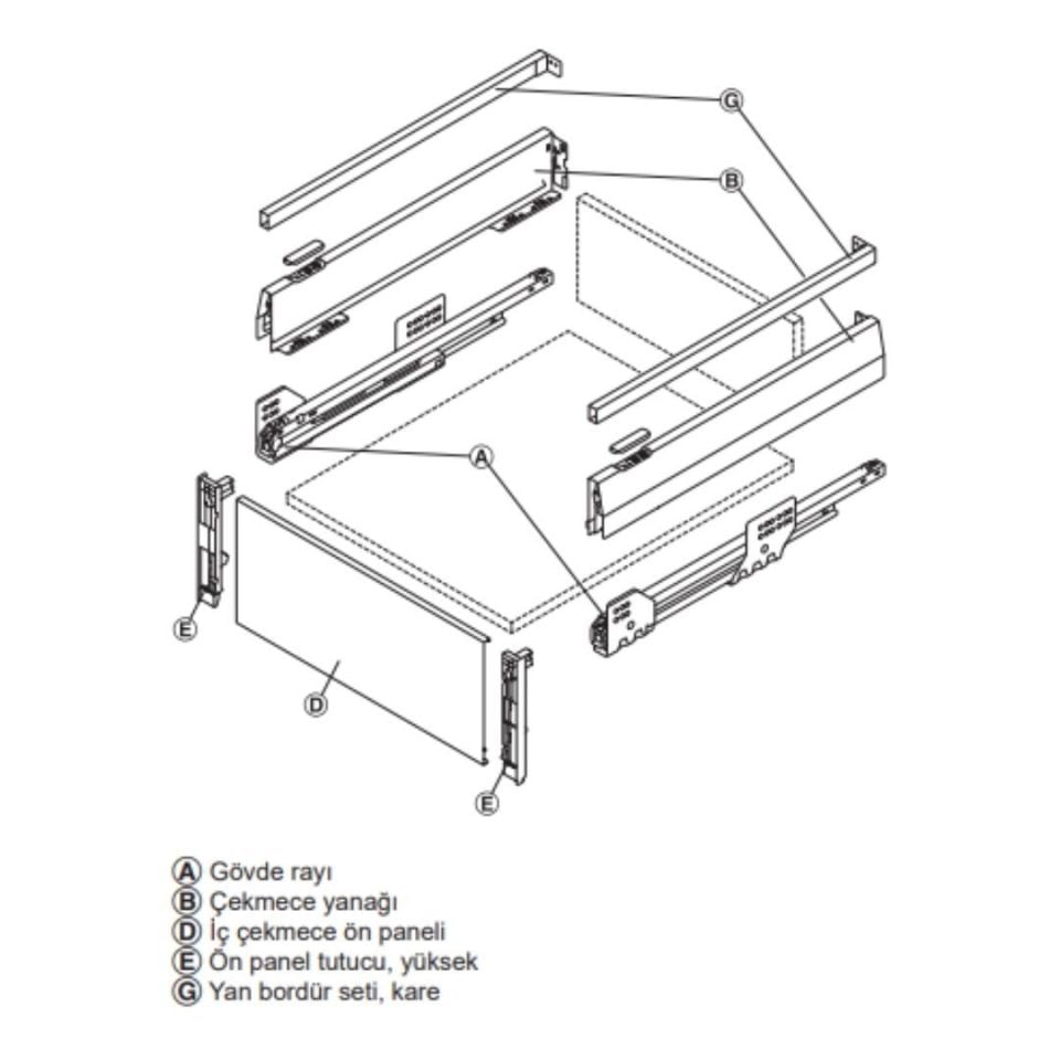 Hafele İç Çekmece Seti 60'lık Modül İçin Kare Bordürlü 50'lik Antrasit
