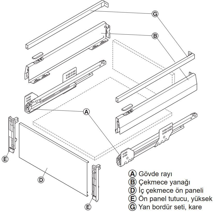 Hafele İç Çekmece Seti 60'lık Modül İçin Kare Bordürlü 35'lik Beyaz