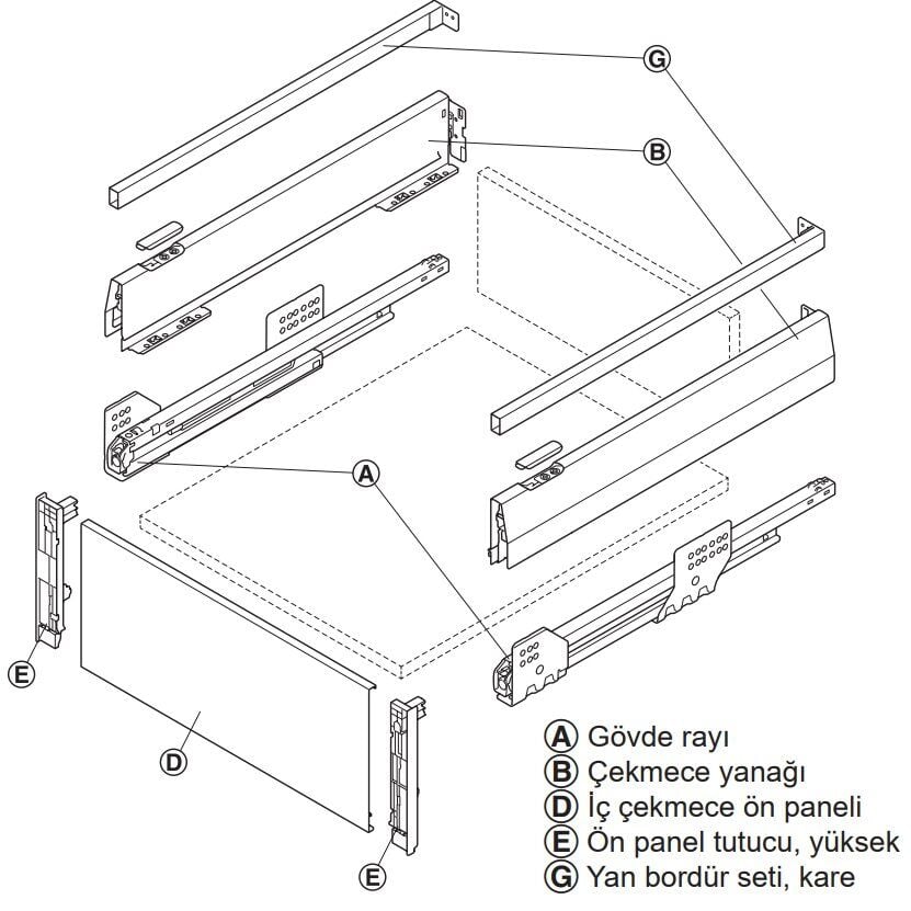 Hafele İç Çekmece Seti 120'lik Modül İçin Kare Bordürlü 45'lik Beyaz