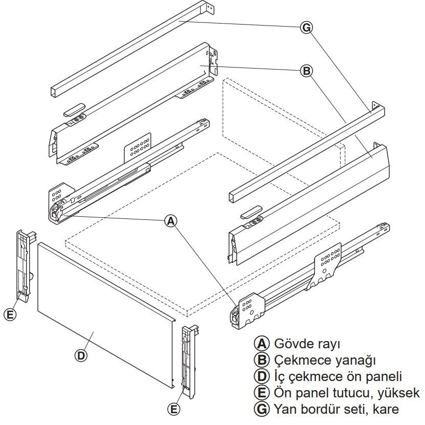 Hafele İç Çekmece Seti 90'lık Modül İçin Kare Bordürlü 50'lik Beyaz
