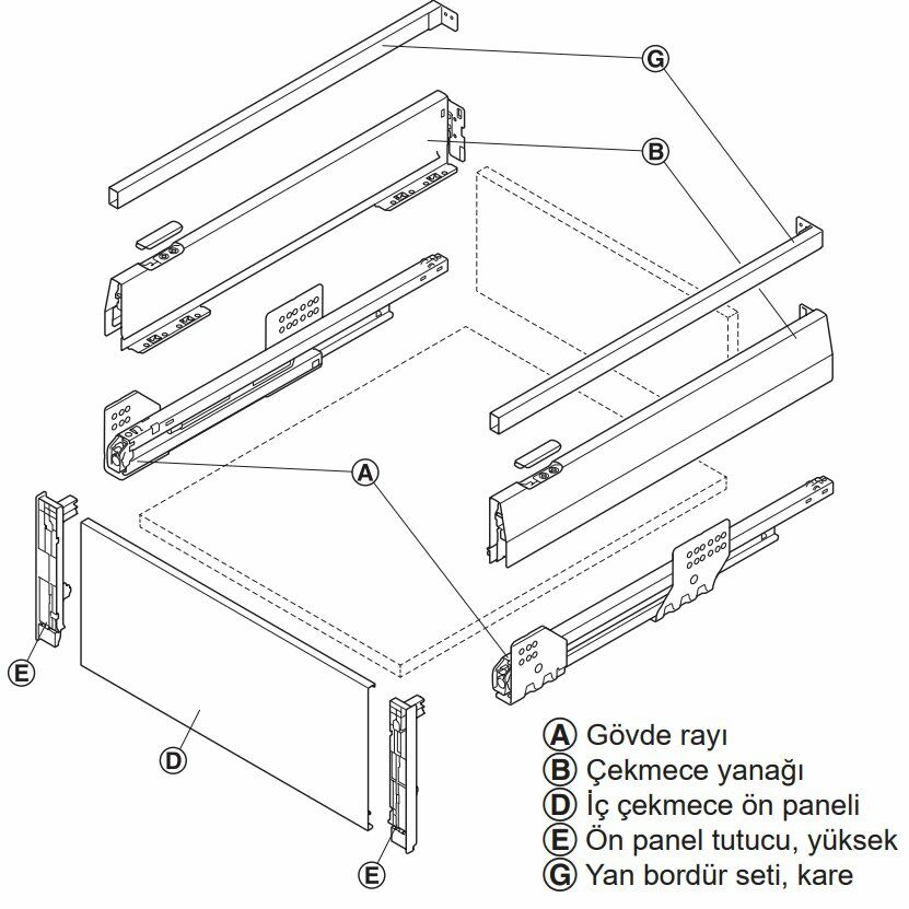 Hafele İç Çekmece Seti 60'lık Modül İçin Kare Bordürlü 45'lik Gri