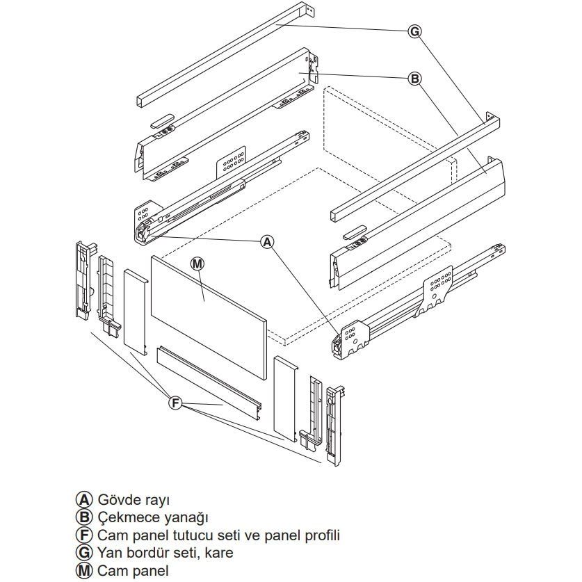 Hafele İç Çekmece Seti 120'lik Modül İçin Kare Bordürlü 50'lik Beyaz