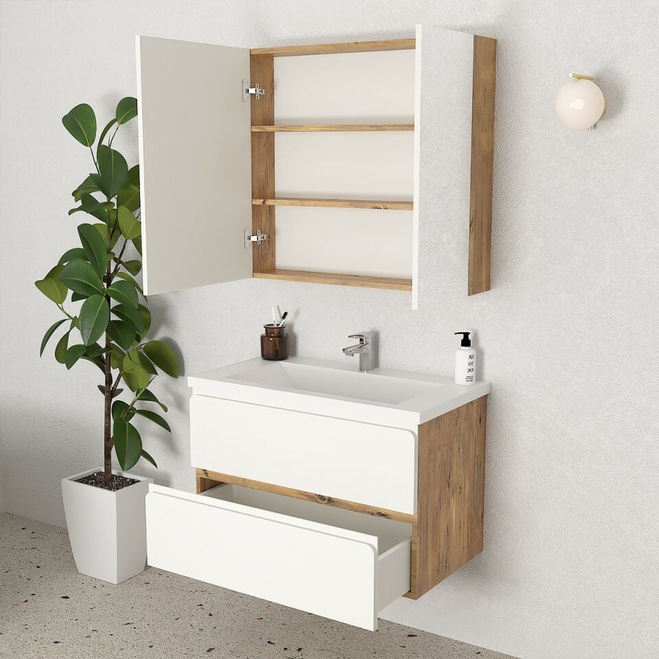 Teta Home Granada 80 cm MDF Gövde Membran Kapak Banyo Dolabı Seti