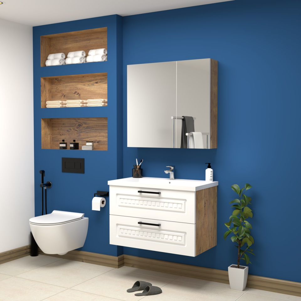 Teta Home Floransa 80 cm MDF Gövde Membran Kapak Banyo Dolabı Seti