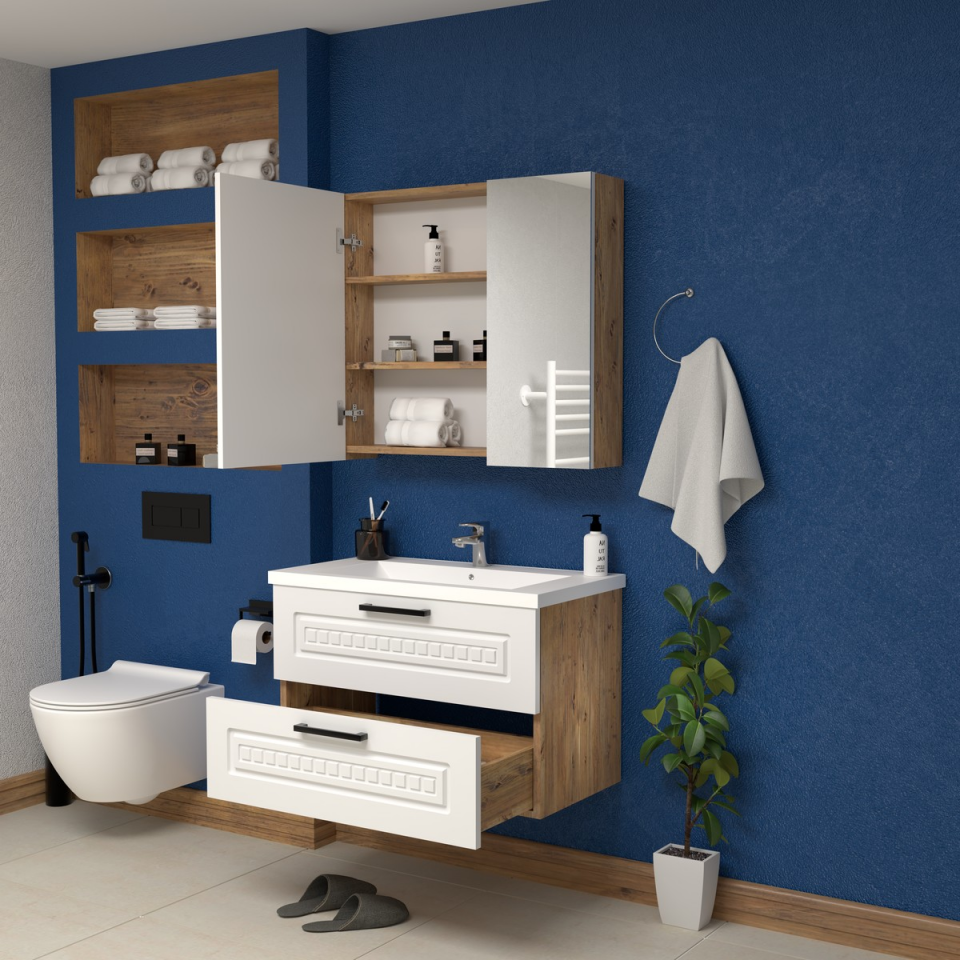 Teta Home Floransa 80 cm MDF Gövde Membran Kapak Banyo Dolabı Seti