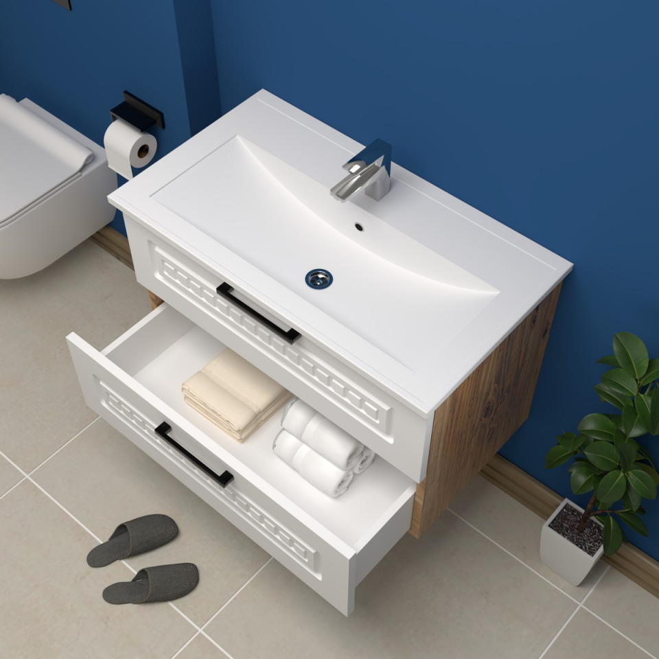 Teta Home Floransa 80 cm MDF Gövde Membran Kapak Banyo Dolabı Seti