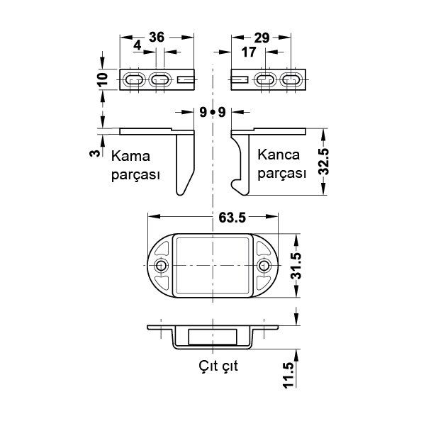 Hafele Otomatik Kapak Kilidi 63,5x31,5x11,5mm