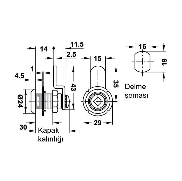 Hafele Symo Döner Dilli Düz Kilit A180°, Nikel Kaplama