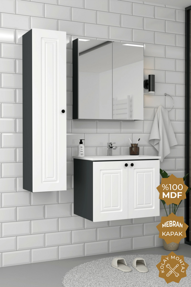 Teta Home Pekin 65 cm MDF Gövde Membran Kapak Banyo Dolabı Seti + Boy Dolabı