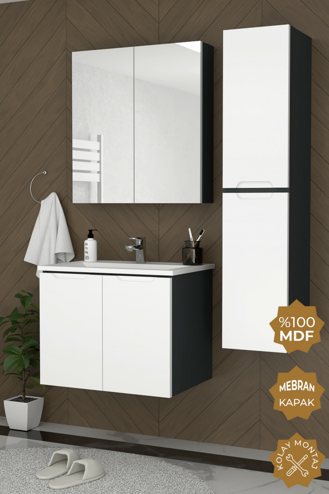 Teta Home Astana 65 cm MDF Gövde Membran Kapak Banyo Dolabı Seti + Boy Dolabı