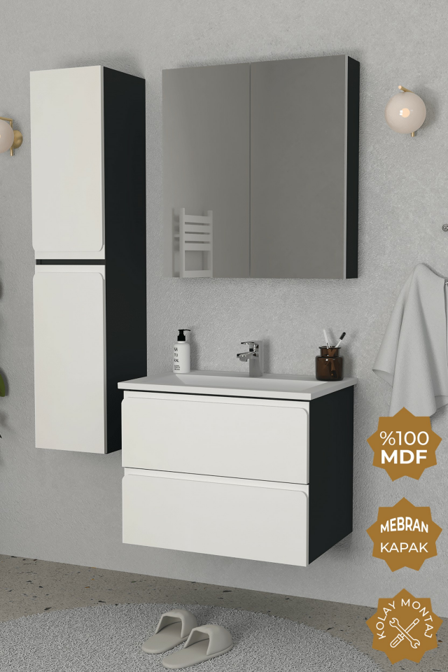 Teta Home Granada 65 cm MDF Gövde Membran Kapak Banyo Dolabı Seti + Boy Dolabı