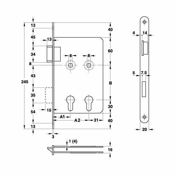 Hafele Gömme Kilit Barelli Tip (PC) 40/80/20mm Sağ Yönlü Paslanmaz Çelik Renk