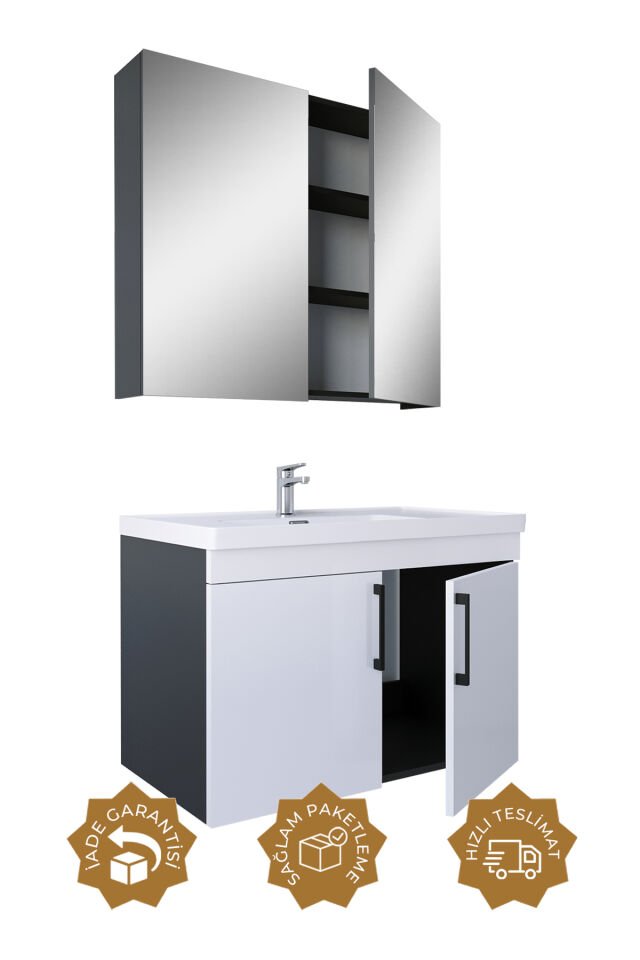 Teta Home Yalova 80cm Antrasit-Parlak Akrilik Beyaz MDF Banyo Dolabı Seti