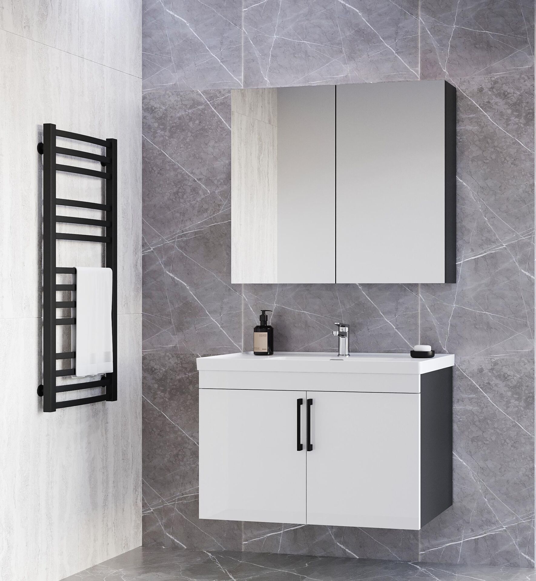 Teta Home Yalova 80cm Antrasit-Parlak Akrilik Beyaz MDF Banyo Dolabı Seti