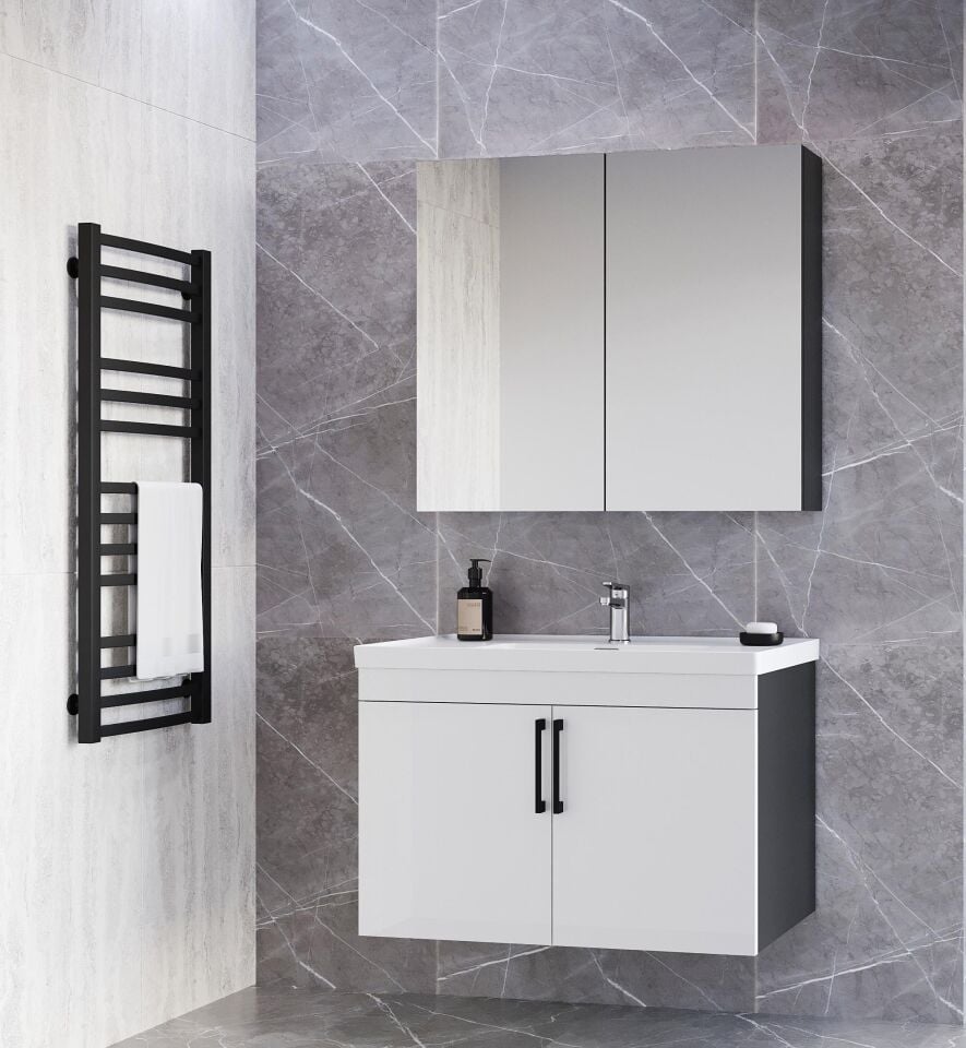 Teta Home Yalova 80cm Antrasit-Parlak Akrilik Beyaz MDF Banyo Dolabı Seti