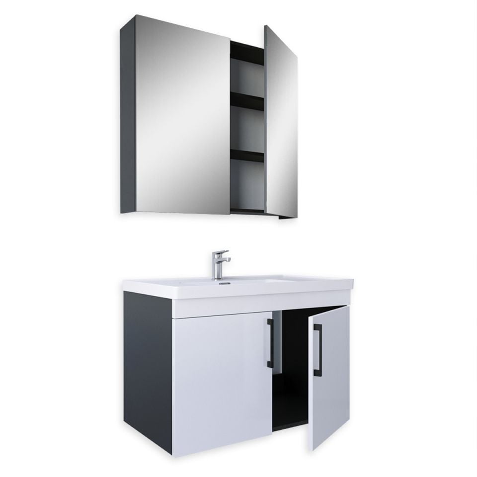 Teta Home Yalova 80cm Antrasit-Parlak Akrilik Beyaz MDF Banyo Dolabı Seti