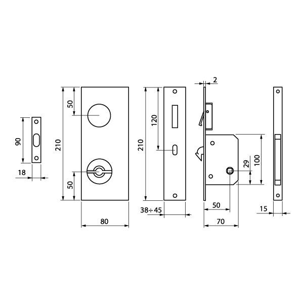 Hafele Flat Kayar Kapı Kilit Set WC Krom Mat 50/38-45mm