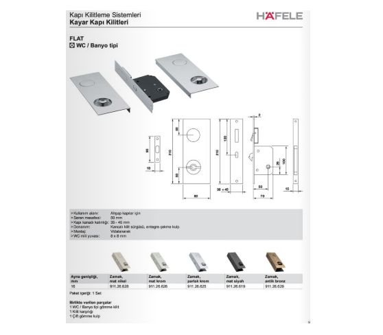 Hafele Flat Kayar Kapı Kilit Set WC Krom Mat 50/38-45mm