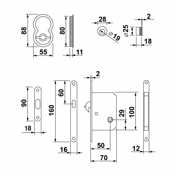 Hafele Otto Kayar Kapı Kilit Set Banyo Tipi (WC) Siyah Renk