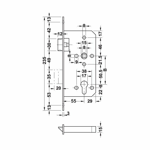 Hafele Gömme (Metal Dilli) Kilit H55.09 Barelli 55/20mm Parlak Pirinç Renk