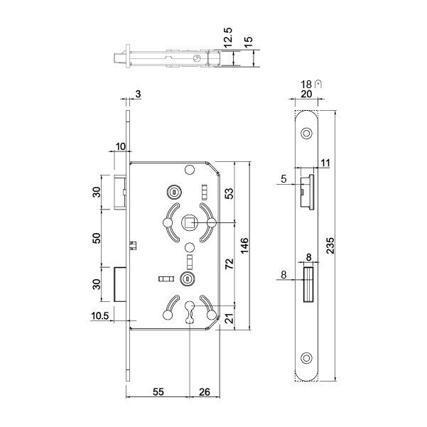 Hafele Gömme Kilit Oda Tipi 55/18mm, Sağ Yönlü Mat Beyaz Renk