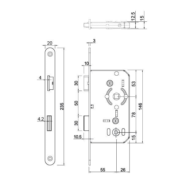 Hafele Gömme Kilit Banyo Tipi (WC) 55/18mm, Sol Yönlü Paslanmaz Çelik Renk