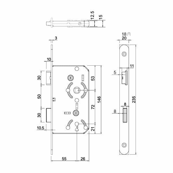 Hafele Gömme Kilit Oda Tipi 55/18mm, Sol Yönlü Mat Siyah Renk