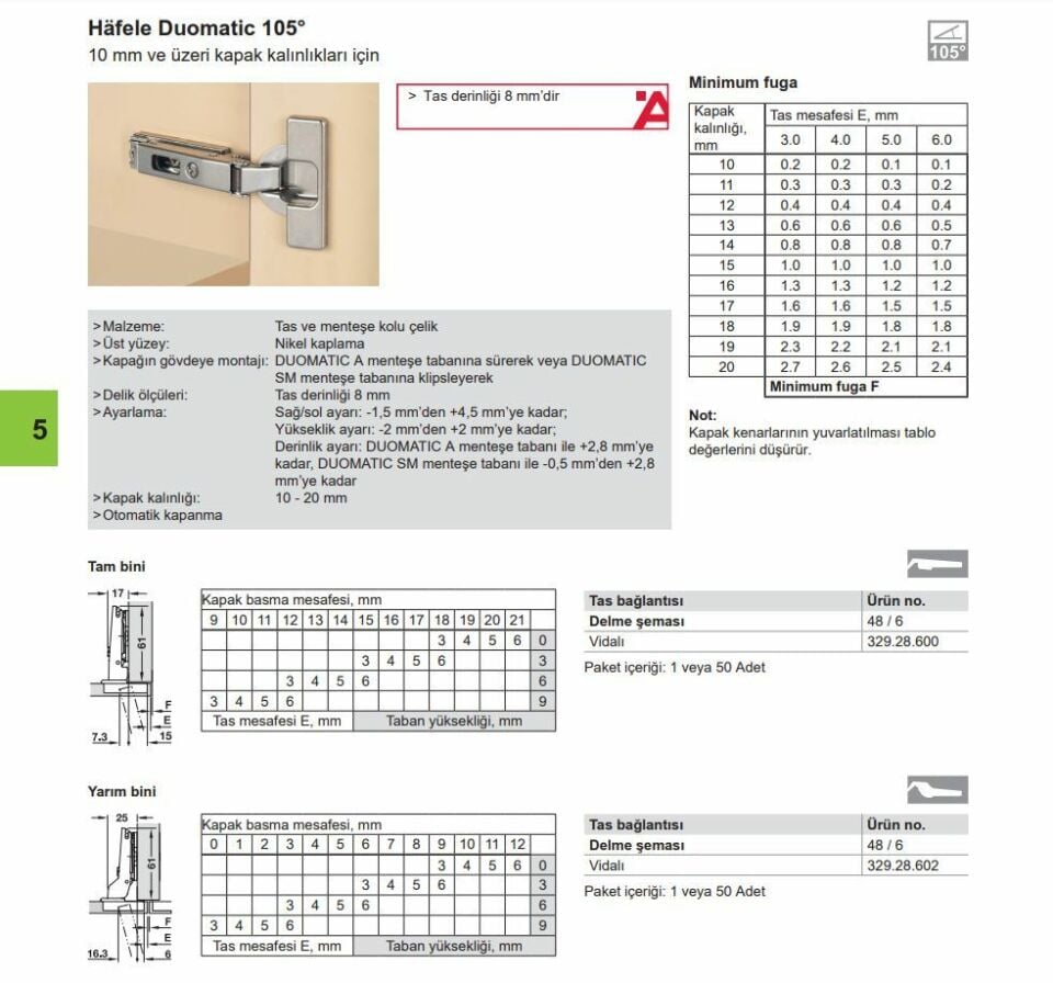 Hafele D. İnce Kapak Menteşesi Düz 48/6 10-20mm