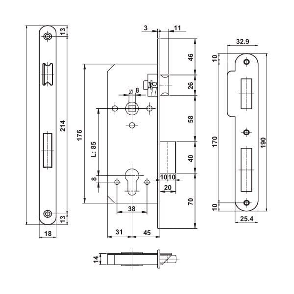 Hafele H40.01 Gömme Kilit PC 45/18mm Mat Siyah