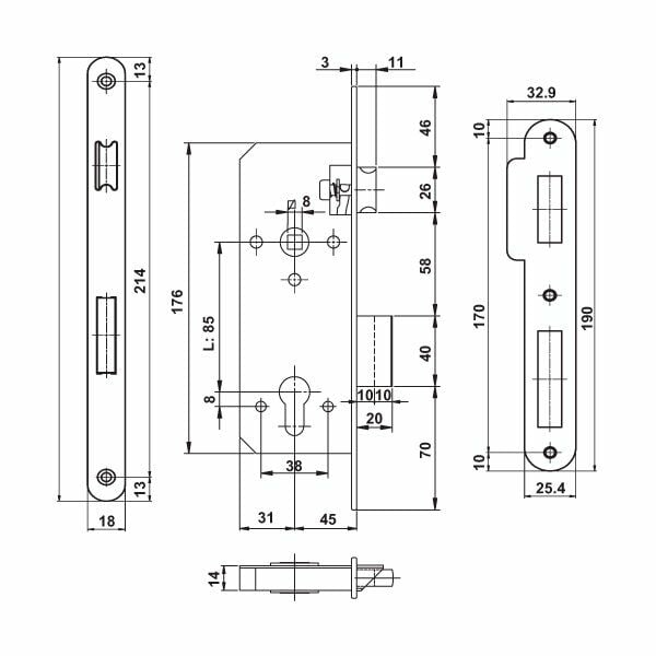 Hafele Gömme (Metal Dilli) Kilit H45.01 Oda 45/18mm Mat Nikel Renk