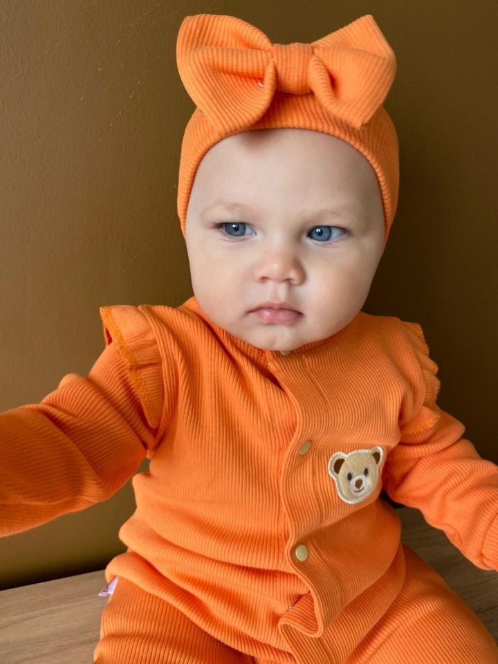 Kaşkorse %100 Pamuk Uzun Kollu Mevsimlik Kız Bebek Tulum + Bandana turuncu - 9 - 12 Ay