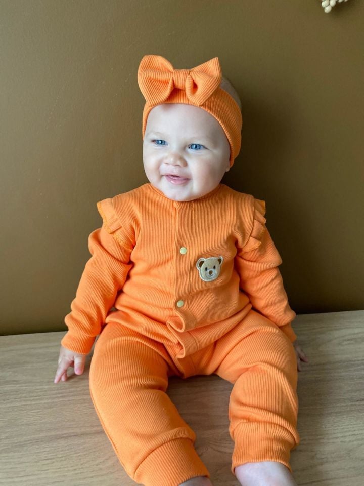 Kaşkorse %100 Pamuk Uzun Kollu Mevsimlik Kız Bebek Tulum + Bandana turuncu - 9 - 12 Ay