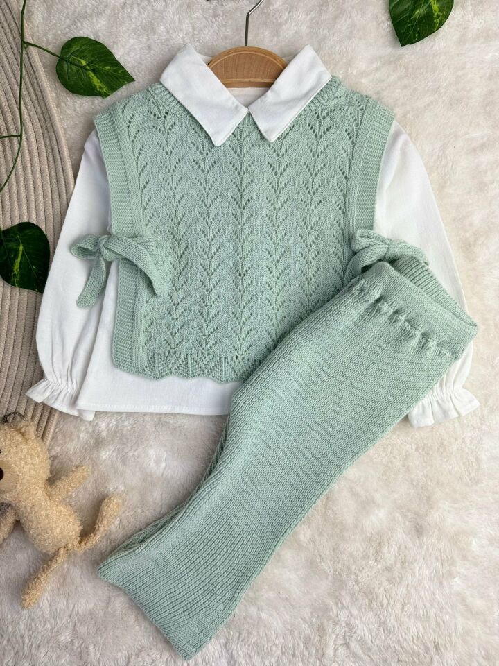 Amelia Süveterli Gömlekli 3'lü Triko Premium Kız Bebek Takım yeşil - 9 Ay
