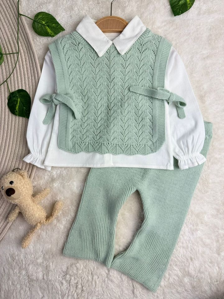 Amelia Süveterli Gömlekli 3'lü Triko Premium Kız Bebek Takım yeşil - 9 Ay