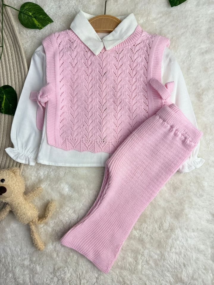 Amelia Süveterli Gömlekli 3'lü Triko Premium Kız Bebek Takım pembe - 9 Ay