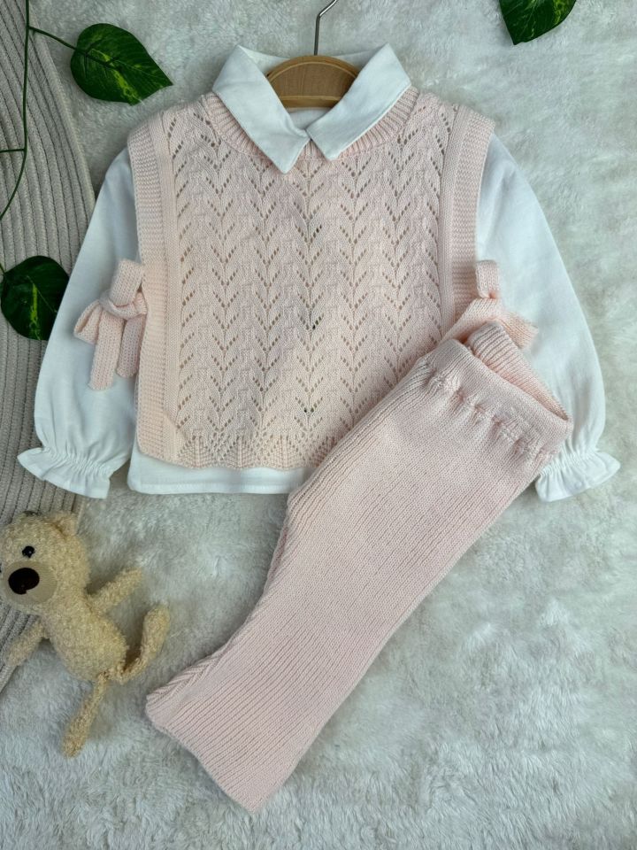 Amelia Süveterli Gömlekli 3'lü Triko Premium Kız Bebek Takım yavruağzı - 9 Ay