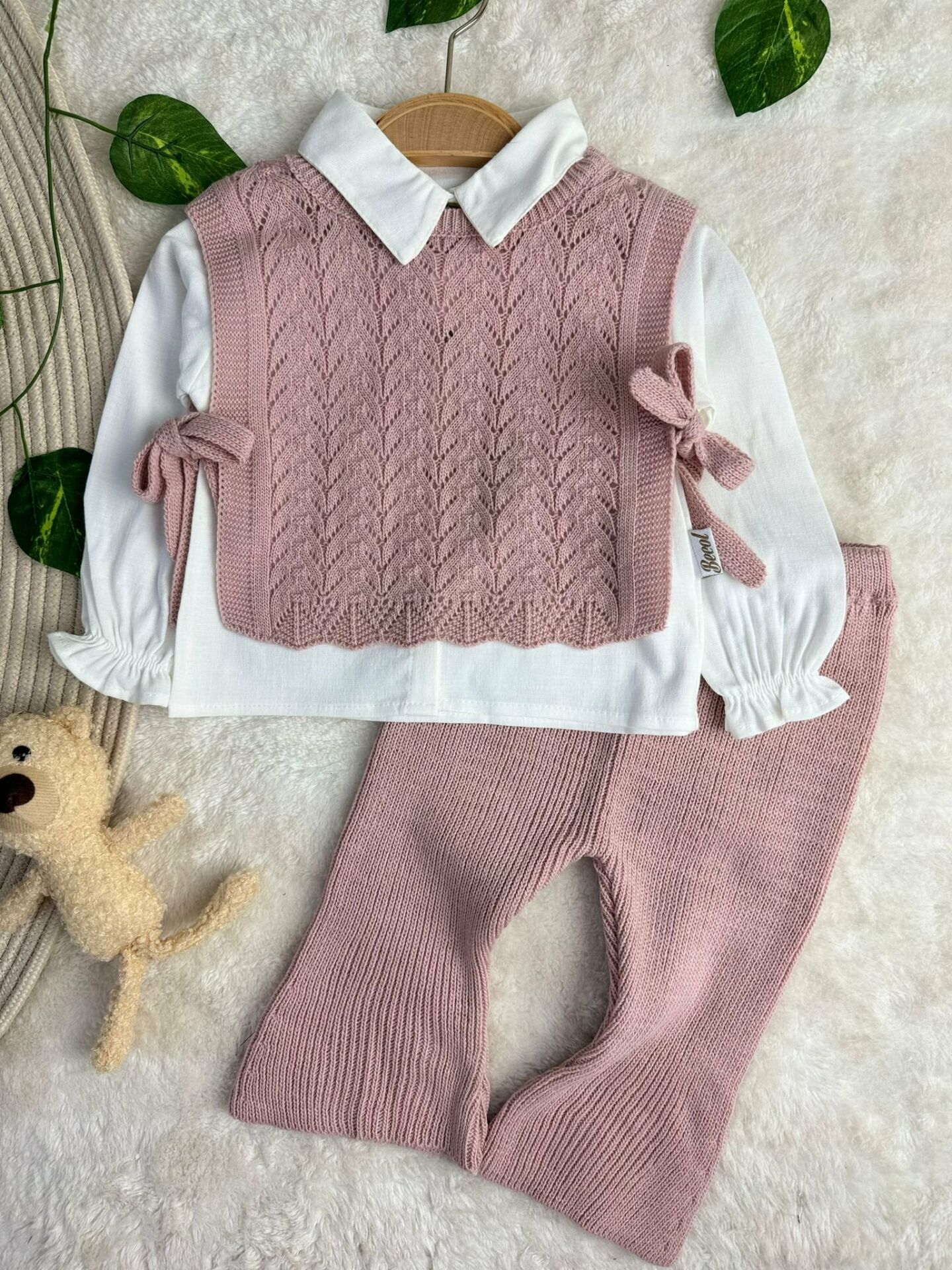 Amelia Süveterli Gömlekli 3'lü Triko Premium Kız Bebek Takım gül kurusu - 9 Ay